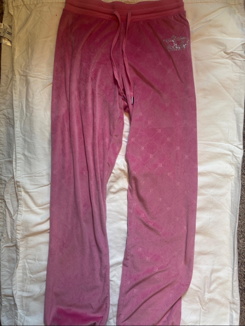 Pink Velour Lounge Pants with Rhinestone Crown Accent